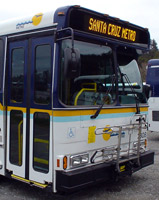 Highway 17 Express buses have dark blue, yellow, light blue, and white stripes.