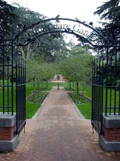 The Shakespeare Garden in Golden Gate Park has a black metal gate with an arch. Beyond the gate is a tree-lined brick path.